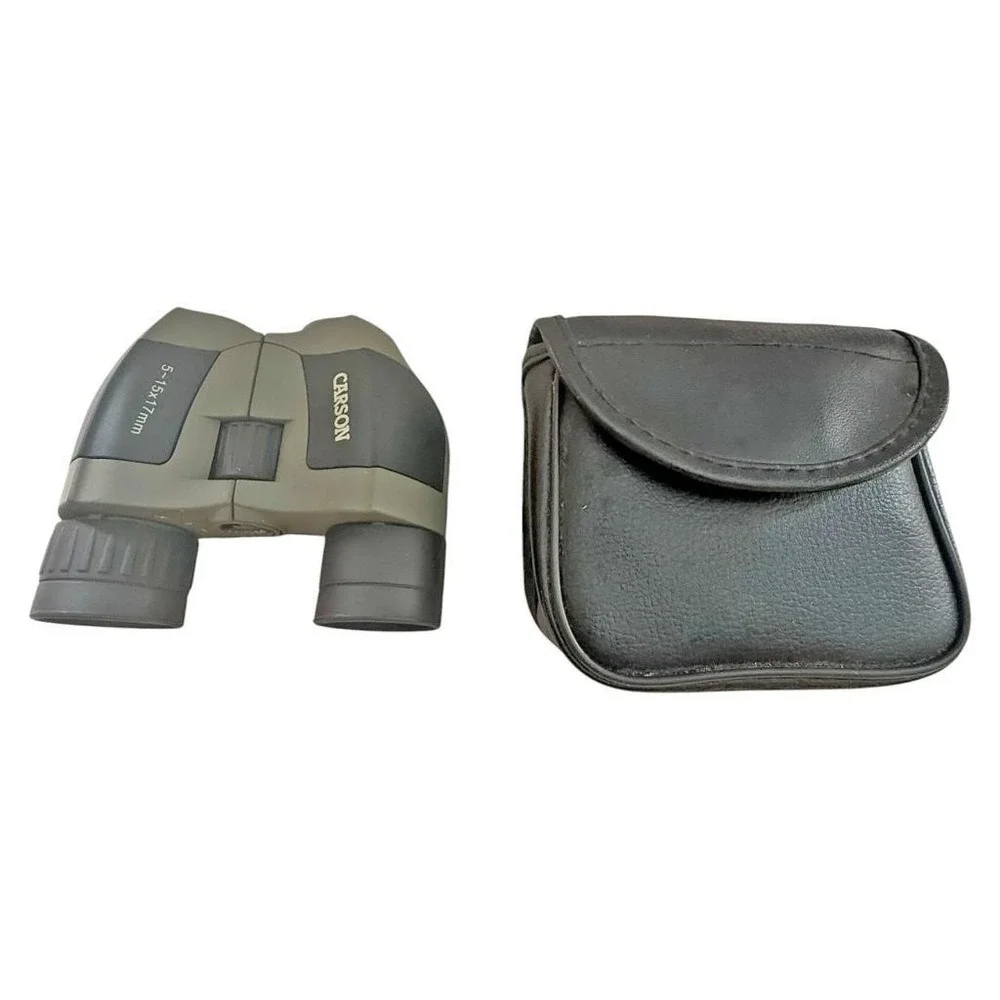 Carson 5-15x17mm Zoom Compact Binoculars Green Rubber Grip with Carrying Case